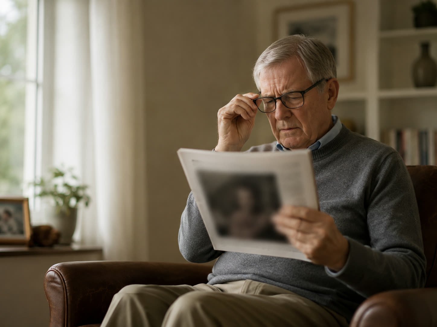 Älterer Mann mit Sehschwierigkeiten beim Lesen einer Zeitung.